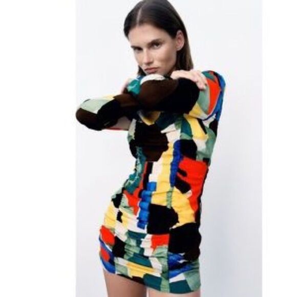 Zara Dresses & Skirts - Zara Printed Dress with Draping Multicolored Size MED